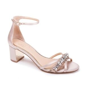 Jewel Badgley Mischka‎ Champagne Satin Crystal Embellished Block Heels Size 8.5